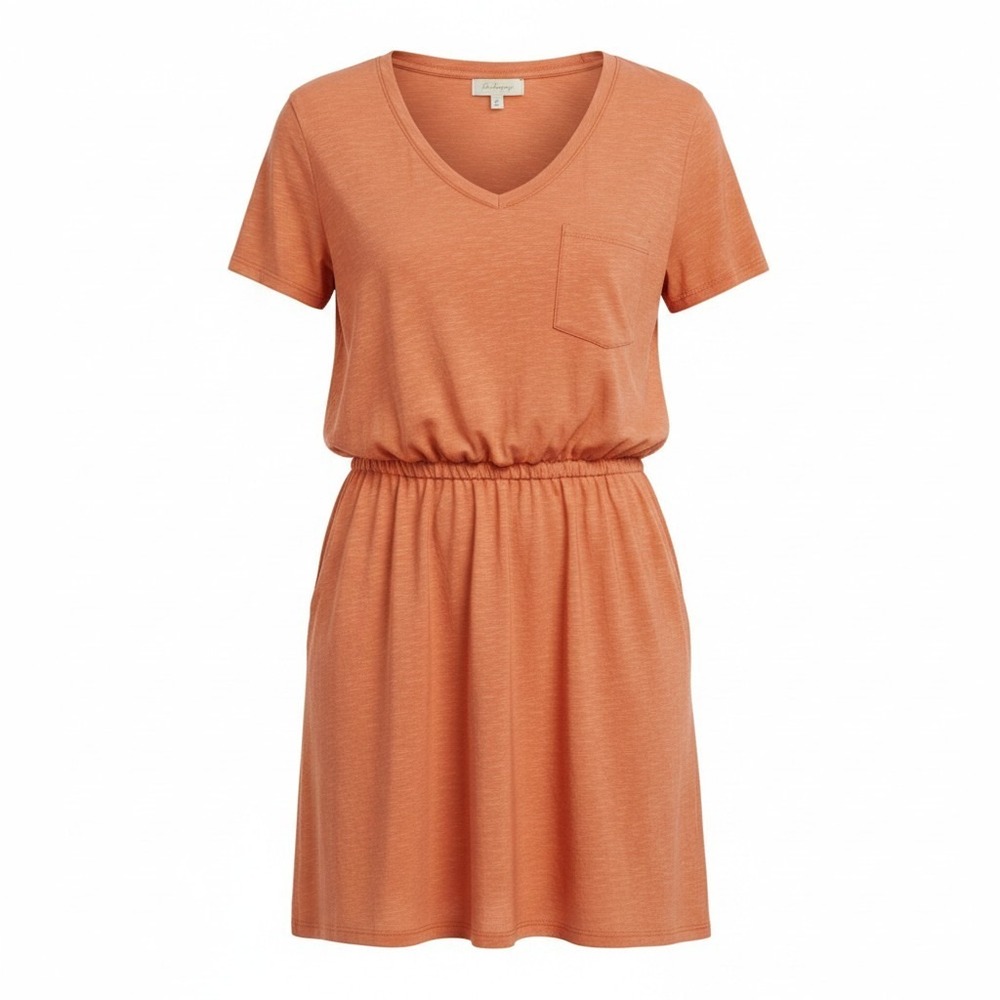 Lou & Grey Loft Orange Cotton V-Neck Short Sleeve Pocket T-Shirt Dress XS